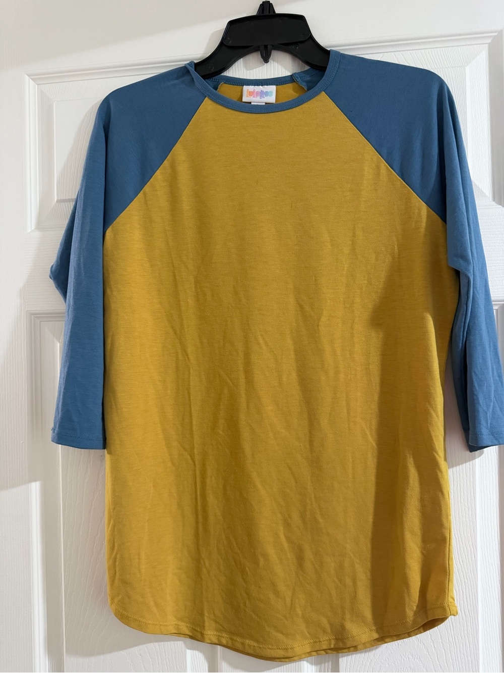 LuLaRoe Mustard Yellow Tee with Slate Blue Trim size small